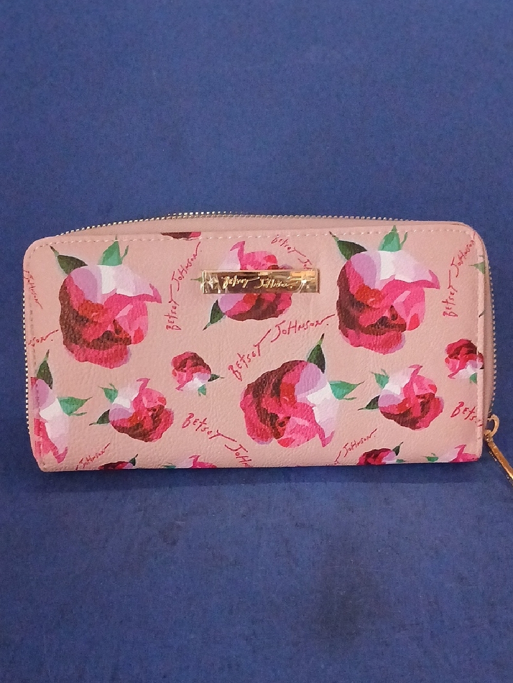 Betsey Johnson Pink Floral Zip Wallet with Gold Plaque 8" x 4"